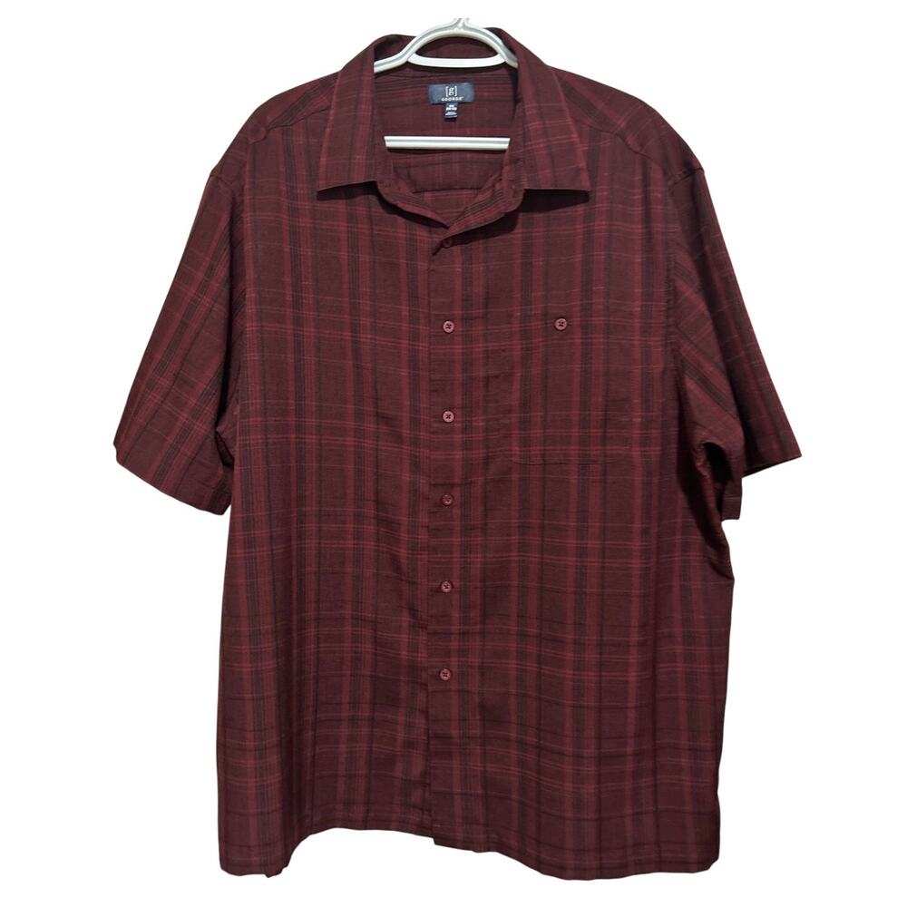 George Men's Burgundy/Rust Black Plaid Short Sleeve Button Up Shirt‎ Size 2XL
